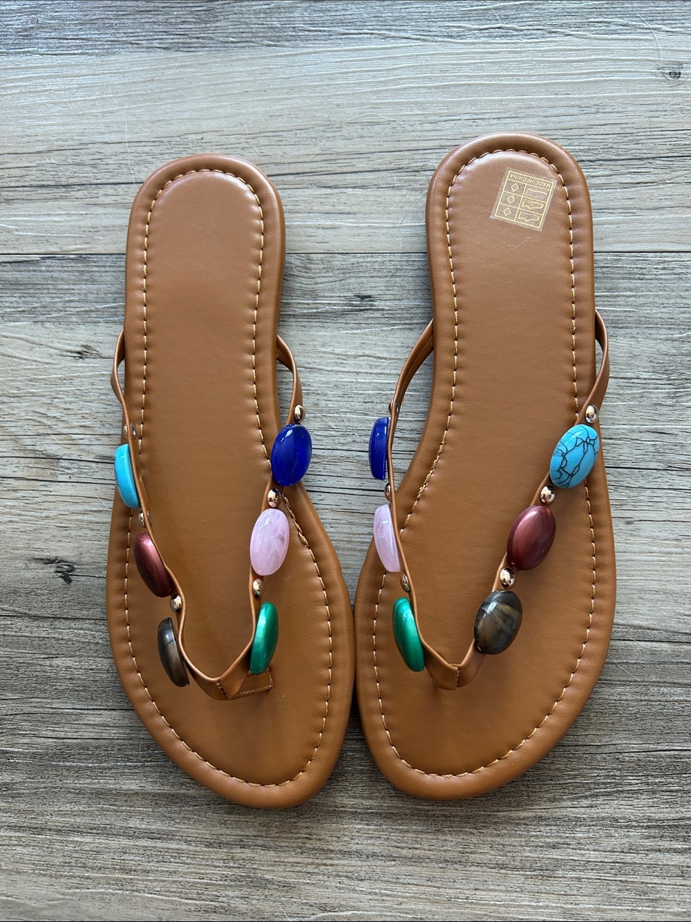 Beaded Brown Women’s T-Strap Sandals